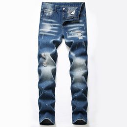 Casual Slim Fit Ripped Hole Jeans Dark Blue Fashion Men's Splash Ink Pants Spring Summer Denim Streetwear Size 29-42 Pantalones