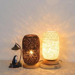 Table Lamps Wooden LED Lamp Lantern Rattan Bedroom Bedside Living Room Simple Desk Decorative Dimmable Night Light Home Art Lighting