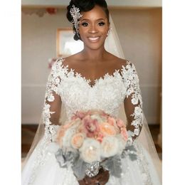 Luxe Africain À Manches Longues Robe De Mariée En Dentelle Robe De Mariée Blanche Plus La Taille Perlée Applique Long Train Princesse Vestidos De Novia