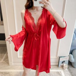 Women's Sleepwear Sexy Womens 2PCS Pyjamas Set V-Neck Lace Nighties Wear Home Negligee Nightwear Lingerie Pijama Spring Robe Gown Suit