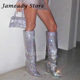 Boots Bling Strass Rhinestones Knee High Boots for Women Spike High Heel Long Boots Lady Wedding Prom Spice Booties Sexy Botas Mujer T221028