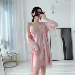 Women's Sleepwear 2PCS Robe Sets Sexy Lace Kimono Gown Strap Nighty Femme Summer Sleepshirts Intimate Lingerie With Chestpads Bathrobe