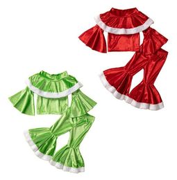 Children Clothing Set Girls Christmas Outfits Green Ruffle Tops Flared Pants Party Velvet Sets 2023 New Year Costume For Child