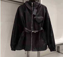 Colour Fashion 00Women's jacket spring new hooded zipper nylon fabric coat with belt triangle bag trench coat trend