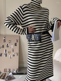 Casual Dresses Retro Striped Full Sleeve X-long Knit Women's Soft Core Spun Yarn Straight Turtleneck Sweater Dress Without Belt