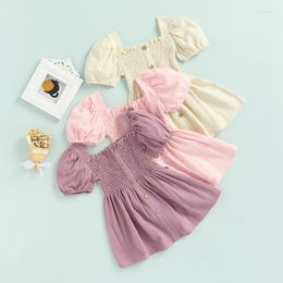 Girl Dresses Baby Summe A-line Dress Casual Outfit For Infant Puff Short Sleeve Toddler Lovely Square Collar Button Clothes