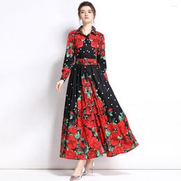 Casual Dresses Vintage Celebrities Runway Dress Shirt Autumn Women 2022 Single Breasted Golden Floral Print Bubble Long Sleeve Maxi