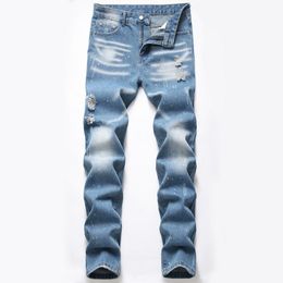 Hellblaue, zerrissene Jeans, schmale Passform, Spritztintenhose für Herren, modisch, lässig, ausgefranste Loch-Baumwoll-Denim-Hose, Größe 29–42, Pantalones