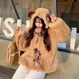 Women's Fur Winter Women High Quality Plus Size Long Teddy Jacket Fluffy Coats Bear Ears Thick Fleece Hooded Outwear Female Casaco Feminino