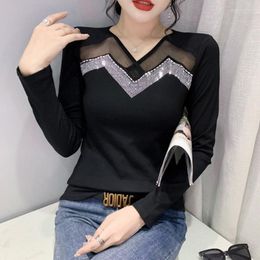 Women's T Shirts Black Red Spliced Mesh Hollow Out Tight Shirt Women Shiny Diamonds Sexy Streetwear Tshirt Female V-neck Office Lady Tee