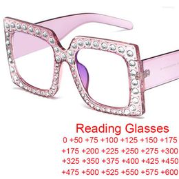 Gafas de sol 2022 Rhinestones de gran tama￱o Lectura de lentes de lectura Mujeres Vintage Big Frame cuadrado Pink Pink Feest Transparent Bluelight