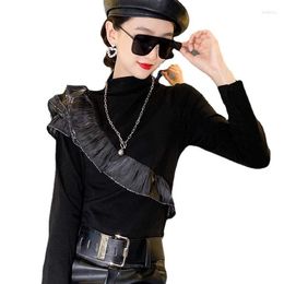 Women's T Shirts Long Sleeved Rufles T-shirt Women Bodycone Ruffle Tops Fashion Black Ropa De Mujer