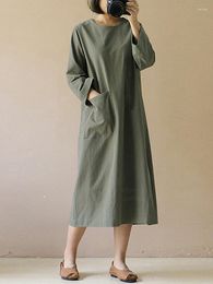 Casual Dresses 2022 Cotton Linen Midi Dress Womens Spring Sundress Long Sleeve Split Tunic Vestidos Female Front Pocket Robe