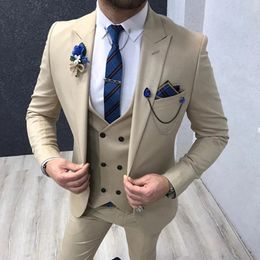 Slim Fit Cream Men Suits 3 Piece for Wedding Peaked Lapel Groom Tuxedos Male Jacket Vest Pants Trajes De Hombre