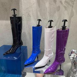 Boots Pointed Toe Women Candy Color Knee Booties 2022 Fashion Winter Party Pumps Thin High Heels Side Zipper Blue Purple White