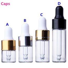 Wholesale Clear Glass Dropper Bottles 1ml 2ml 3ml 5ml with Gold Silver Black Lid
