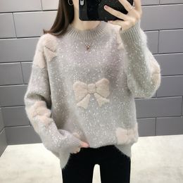 O Neck Autumn Winter Korean Loose Thick Sweater Elegant Patchwork Bow Bottom Pullover Pull Femme Knit Jersey Mujer new