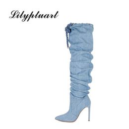 Stivali stile occidentale blu denim ginocchio alto femminile punta a punta tacco a spillo moda donna scarpe comode da donna 220901