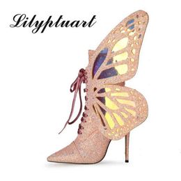 Boots Autumn New Stiletto High Heels Fashion Women Cross Lace Sequin Butterfly Wings Sequins Large Size 220901