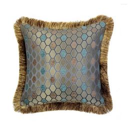 Pillow Steel Blue Vintage Chenille Leaves Cheques Woven Decorative Cover Fringe Pipping Case 45x45 Cm