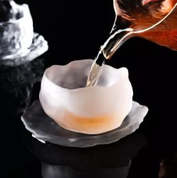 kitchen tabletop tea cup sets glass sake cup daily use custom Colour frosted pink cups saucers