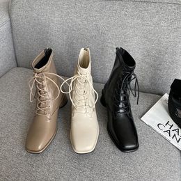 Boots Round Toe Women Stretch Shoes Thick Heels Cross Tied Lace Up Black Beige Khaki Back Zipper Solid Color Party Autumn Bootie