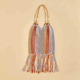 Evening bags Tassel Boho Fishnet Women Shoulder Bags Colourful Rope Woven Hobo Handbags Hollow Summer Travel Beach Shopper Purses Large Tote 220623