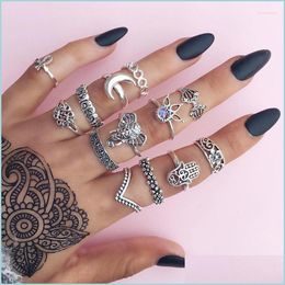 Cluster Rings Cluster Rings Pcs/Set Bohemian Jewellery Elephant Hollow Flowers Fatima Palm Crystal Ring Set Women Fashion Gifts Access Dhibf
