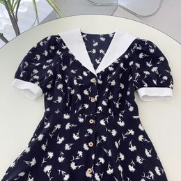 2022 Spring Sailor Collar Floral Print Panelled Dress Blue Short Sleeve Buttons Single-Breasted Casual Dresses D2O31