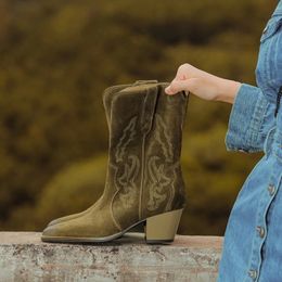 Stitched Botas Cowgirl Short Boots Woman Slip On Embroidery Chunky Heel Street Shoes Cow Suede Women Western Boots