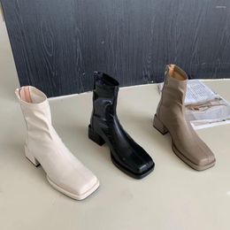 Boots Square Toe Women Sock Platform Shoes Beige Black Khaki Back Zipper Flat Low Heels Short Ankle Booties Autumn Winter