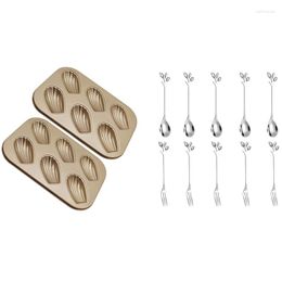 Baking Tools 5Spoon 5Forks Stainless Steel Leaf Coffee Cake Spoon Fork & 2 Pack Madeleine Mould Pan