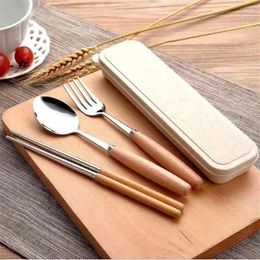 Dinnerware Sets High Quality Wooden Handle Chopsticks Stainless Steel Tableware Portable Dining Out Box Kid School Flatware Cutlery