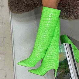 Boots Crocodile Pattern Knee High Heels Women Boots Pointed Toe Neon Green Stiletto Heels Boots Female Runway Banquet Women Shoes 220913