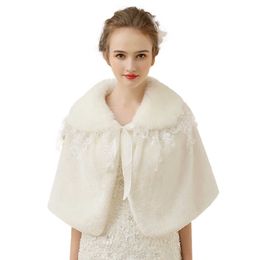 Ivory Faux Fur Shawls Luxurious Bridal Fur Shrug Party Ribbon Tie Capelet with Embroidered Lace