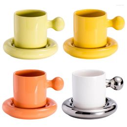 Mugs 594C 300ml Creative Ceramic Mug With Saucer Set Candy Colour Milk Coffee Cup Dessert Plate Round Handle Office Home Drinkware