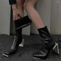 Boots Fashion Women Ankle Square Toe Sock Booties Thick High Heels Metal Decoration Back Zipper Dress Shoes Woman Size 35-39