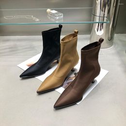 Boots Women Ankle Pointed Toe Sock Booties Thin Mid Heels Black Brown Khaki Sewing Design Ladies Autumn Winter 39