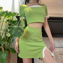 Work Dresses 2022 Trendy Women Green 2 Piece Set Casual Outfits Short Sleeve Lace Crop Top High Waist Mini Skirt Summer Sweet Sexy Knit Suit