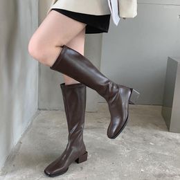 Boots Round Toe Women Knee High Sock Booties Black Beige White Brown Thick Mid Heels Stretch Shoes Woman Fashion 2022 S 39