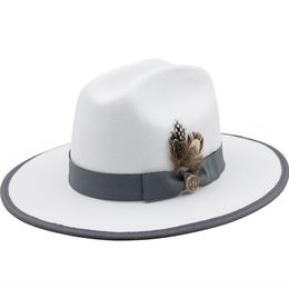 European and American fashion couple feather white Woollen top hat flat-brimmed jazz hat