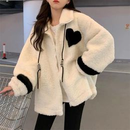 QNPQYX New Women Sweatshirts Kawaii Harajuku Zipper Hoodie Faux Lamb Fleece Jacket Oversize White Pink Winter Warm Coat Ladies