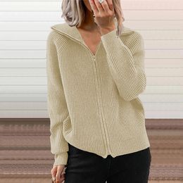 Qnpqyx neuer Vintage Solid gestrickte Reißverschlüsse Strickjacken Pullover Frauen Langarm -Revers -Jumper Schichten Autumn Mode Damen Pullover Mäntel