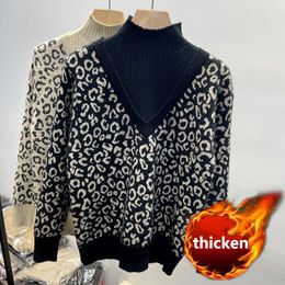 QNPQYX New Winter Knitted Mock Neck Women Leopard print Padded velvet Sweater Full Sleeve Oversize Street Top Fashion Pullovers Jumpers