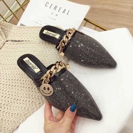 Boots Comemore Slippers Female Metal Necklace Rhinestone Shiny Bling Flat Sandals Slip on Evening Party Slides Shoes Silver Pumps 220901