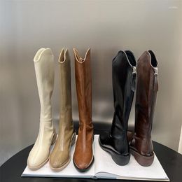 Boots Women Knee High Pointed Toe Flat Mid Heels White Beige Brown Khaki Black Winter Knight Western Booties Thick Zip