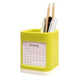 Square Pen Holder Desk Calendar Plastic Pencil Cup Stand Desktop Stationery Organizer Office School Supplies Blue Green Yellow 12 Months