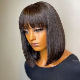 Short Straight Hair Bob Wigs Brazilian Human Hair Wig With Bangs Remy Full Machine Made for Women Non Lace Glueless affordable low price 150%density