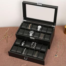 Watch Boxes Men Box Organizer Storage Luxury Wood Case Wooden Black Display Square Glass Cabinet Double Layer 24 Slots Man