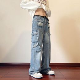 Men's Jeans Blue Baggy Men Fashion Multiple Pockets Cargo Streetwear Hip Hop Loose Straight Denim Pants Mens Trousers M-2XL